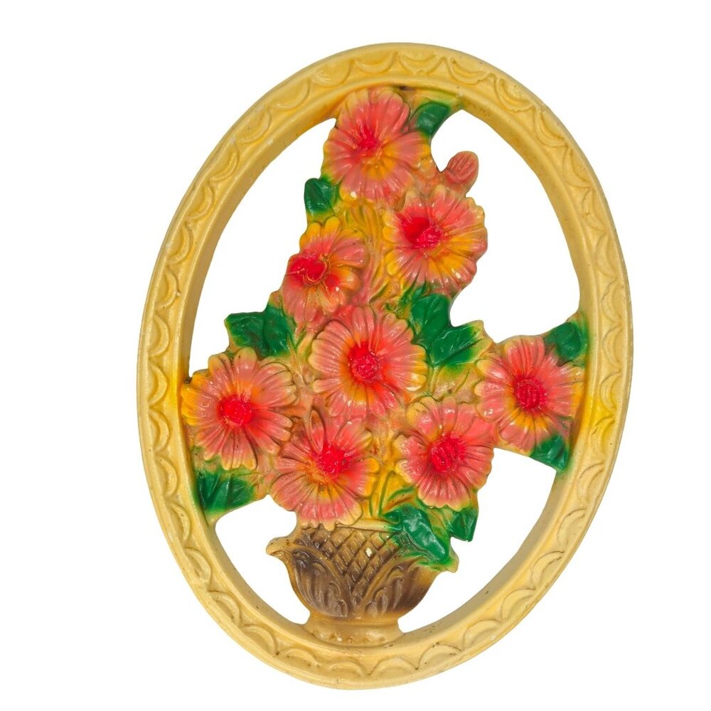 Vintage Mid Century Chalkware Oval Floral Wall Plaque Basket Yellow Peach Kitsch